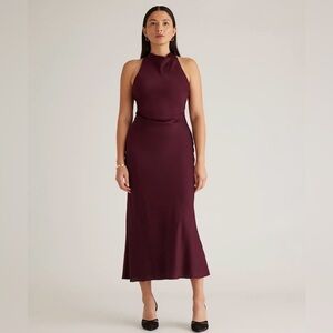 Quince Washable Silk High Neck MIDI Dress, Burgundy (Size Medium)